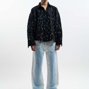 Unisex White Straight-Fit Jeans with Light Blue Spray Paint Effect